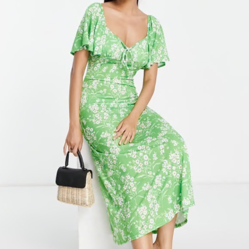 ASOS DESIGN flutter sleeve midi tea dress with tie detail in green floral